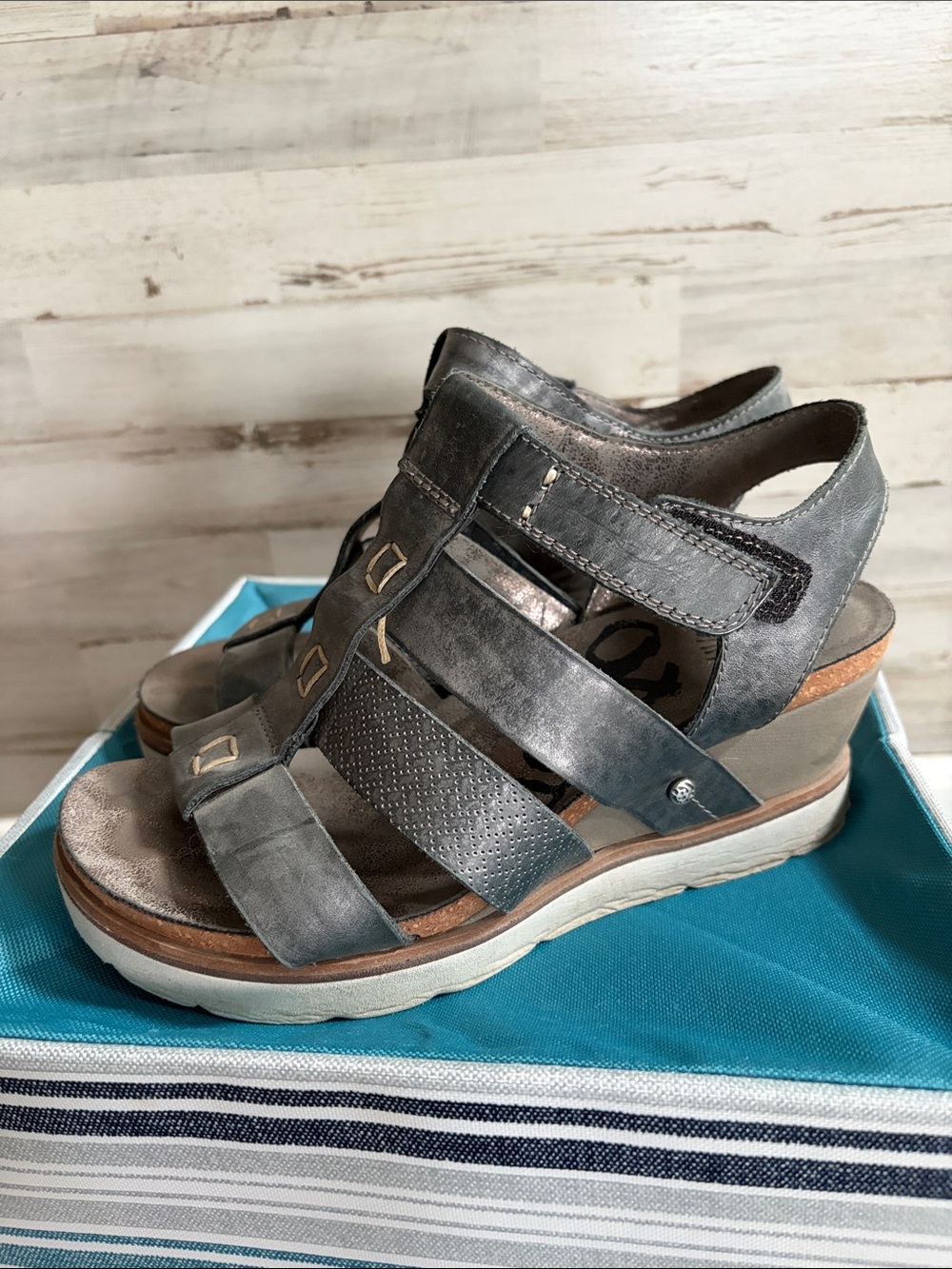 OTBT Grey Strappy Leather Wedge Sandals